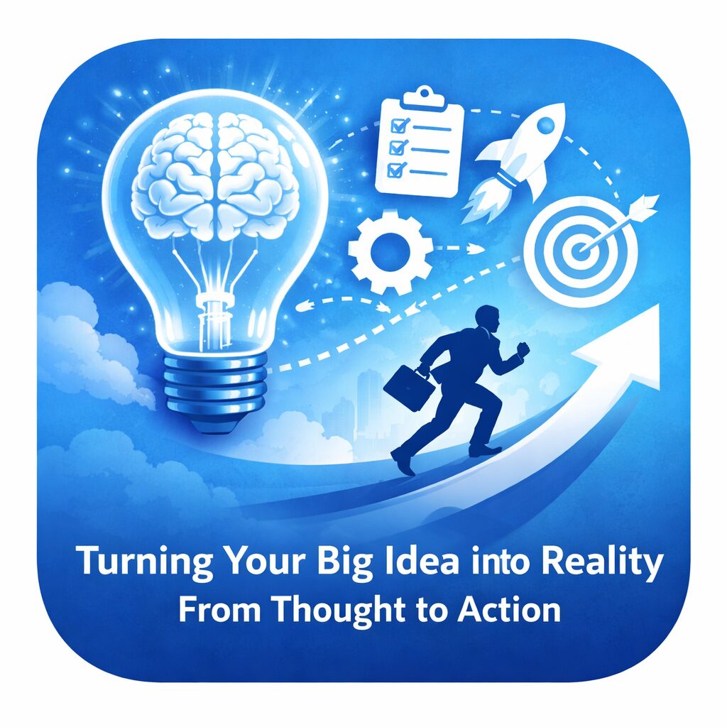 Illustration of turning ideas into reality with growth symbols and a man climbing an arrow.