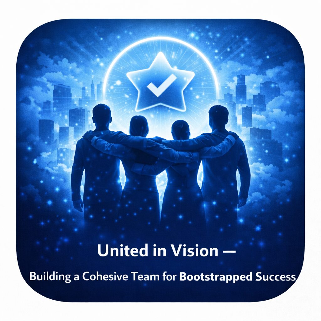 Team of four united under a glowing checkmark in a cityscape.