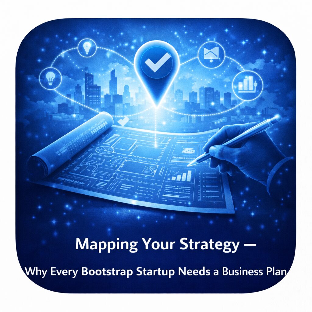 Business planning illustrated with digital mapping and strategy icons.