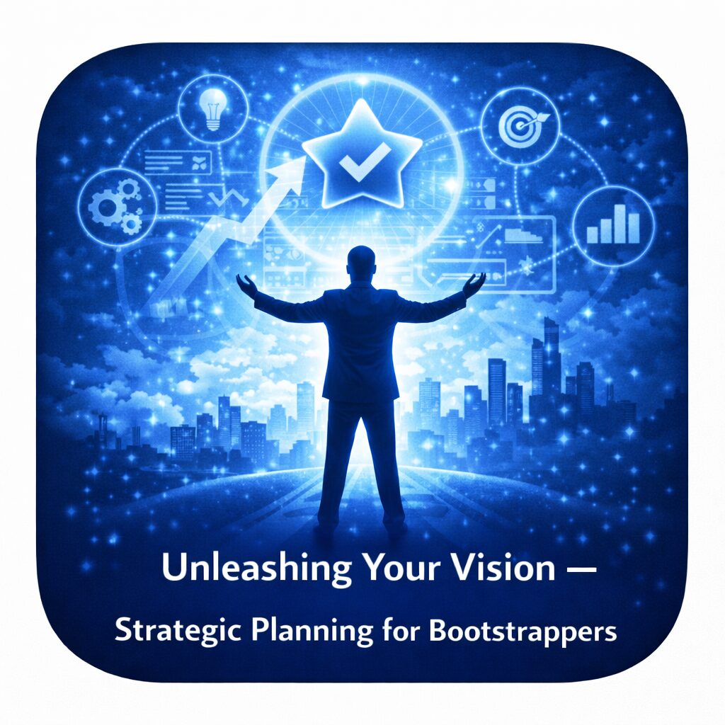 Silhouette visualizing strategic planning with digital icons and cityscape.