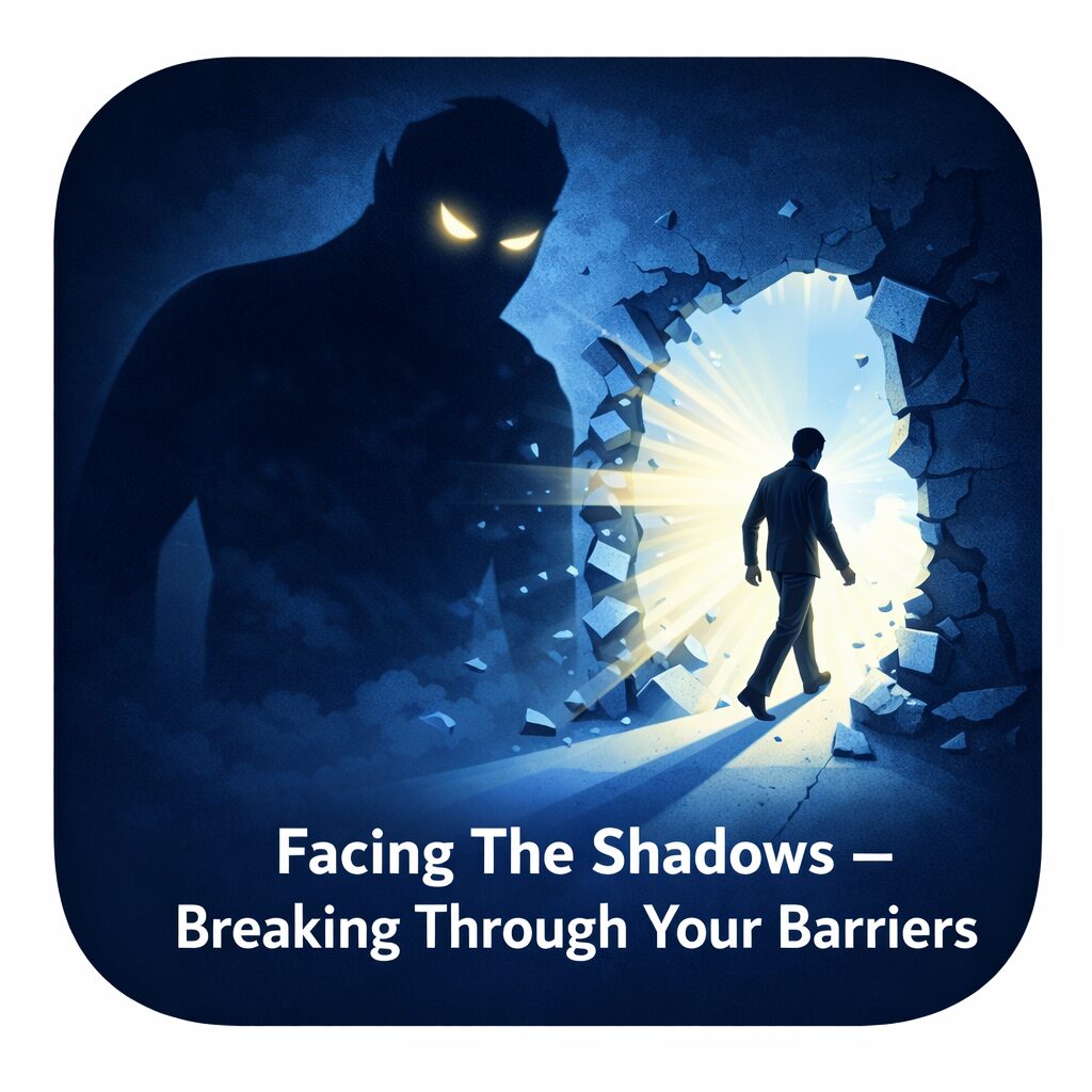 Silhouette breaking through a barrier into light, symbolizing overcoming fear.