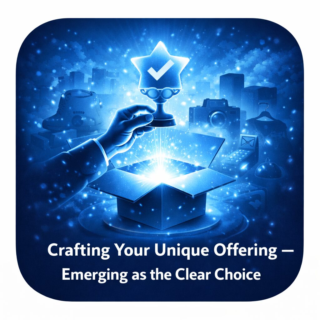 A hand selects a glowing checkmark from a digital interface symbolizing a unique offering.