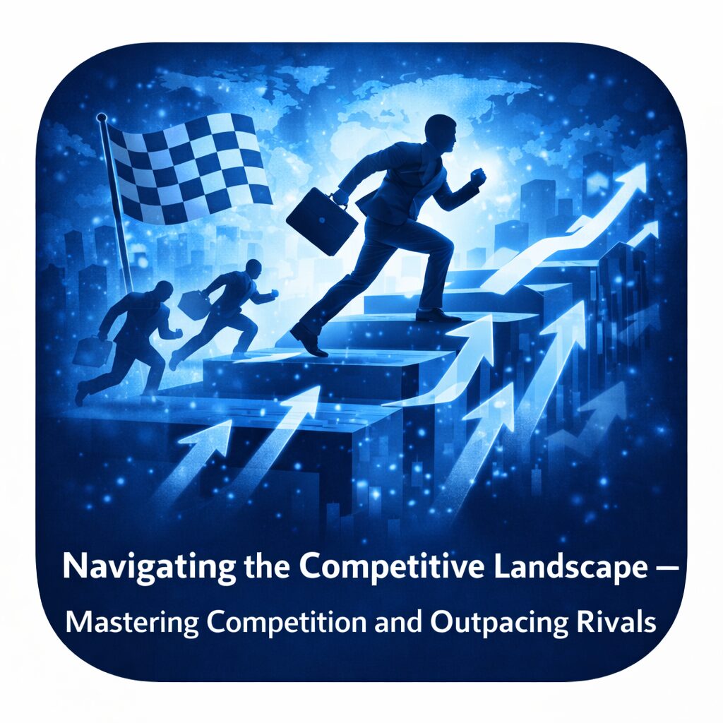 Silhouettes of runners overcoming obstacles under a checkered flag symbolizing competition.